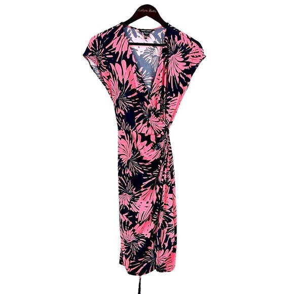 Maggy London Womens Sz 8 Pink And Blue Tropical Floral Cap Sleeve Wrap Dress N4 - Picture 1 of 12
